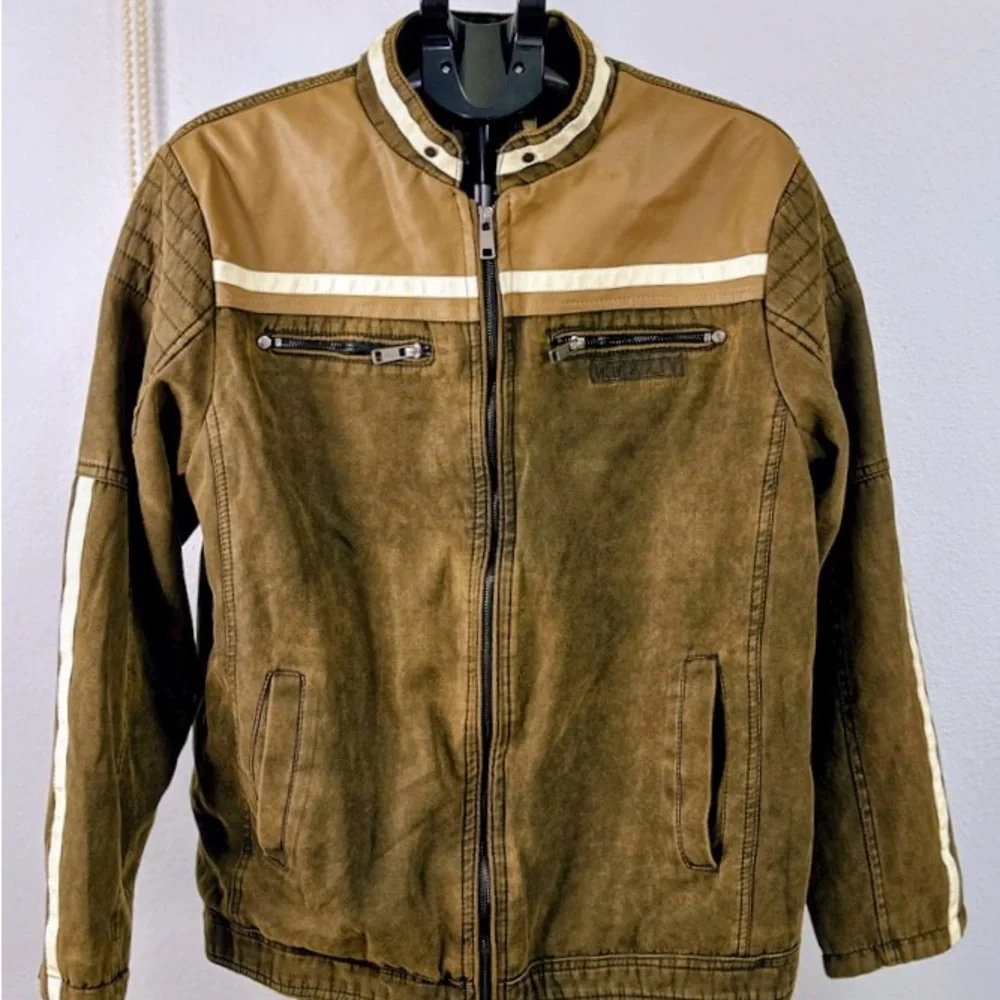 Bleu Grandeur‎ Moto Jacket Mens XL Brown Distressed Faux Leather Racing Stripe